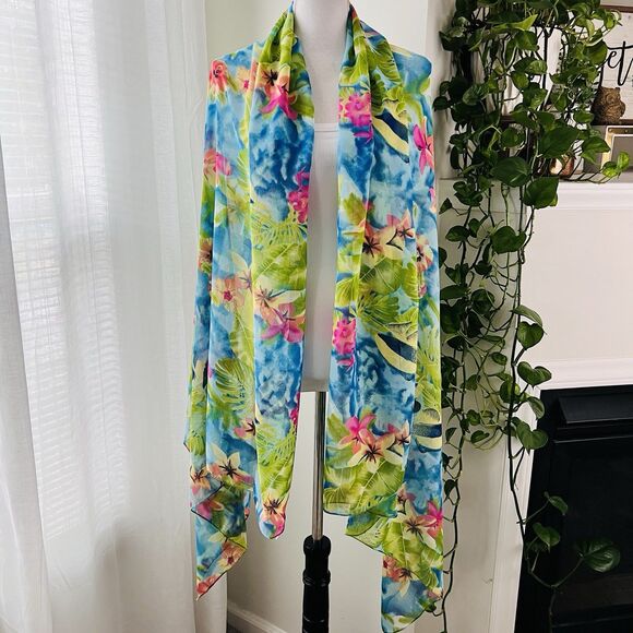 Beautiful Green & Blue Floral Soft Chiffon Flowy Feminine Wrap - Picture 1 of 6